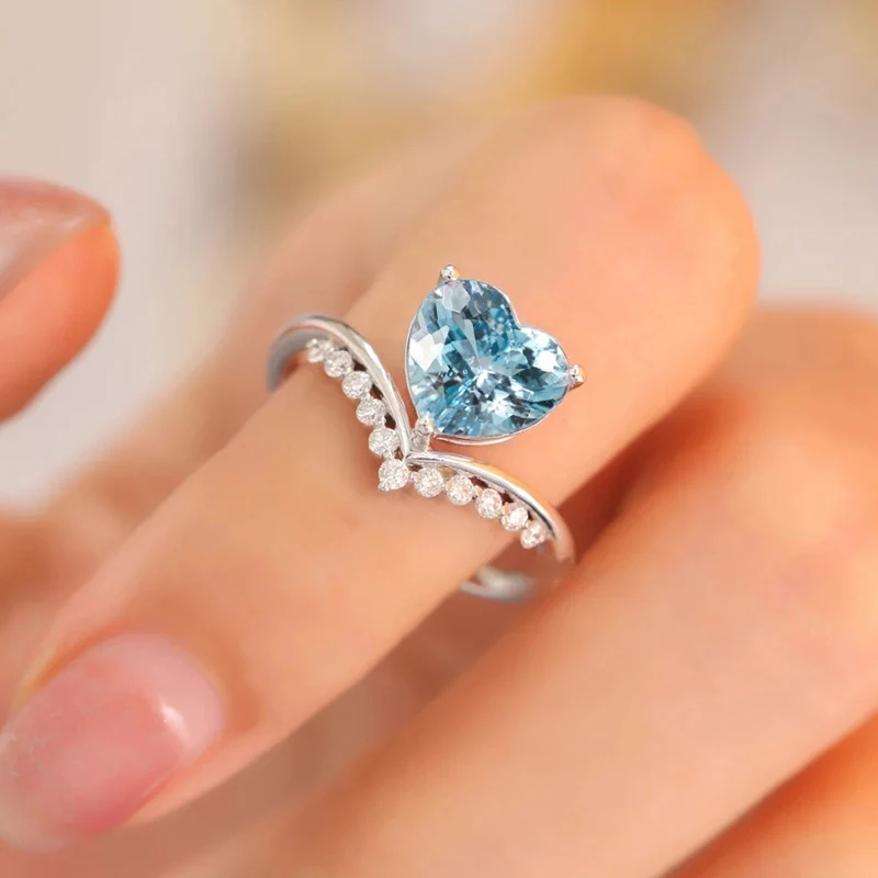 

Elegant Silver Color Heart Shaped Women's Ring Romantic Ocean Blue Zircon Bridal Wedding Engagement Band Ring Jewelry