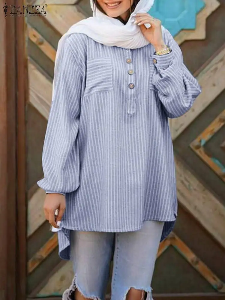 

ZANZEA Elegant Causal Holiday Tops Striped Print Muslim Blouse Full Sleeve O-Neck Turkey Abaya Hijab Blusas Loose Tunic Shirt