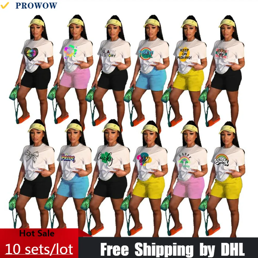 

Wholesale 2 Piece Set Women Casual Matching Suit Print Streetwear Outfits Lady Short Sleeve White T-shirt + Short Tracksuit 7993