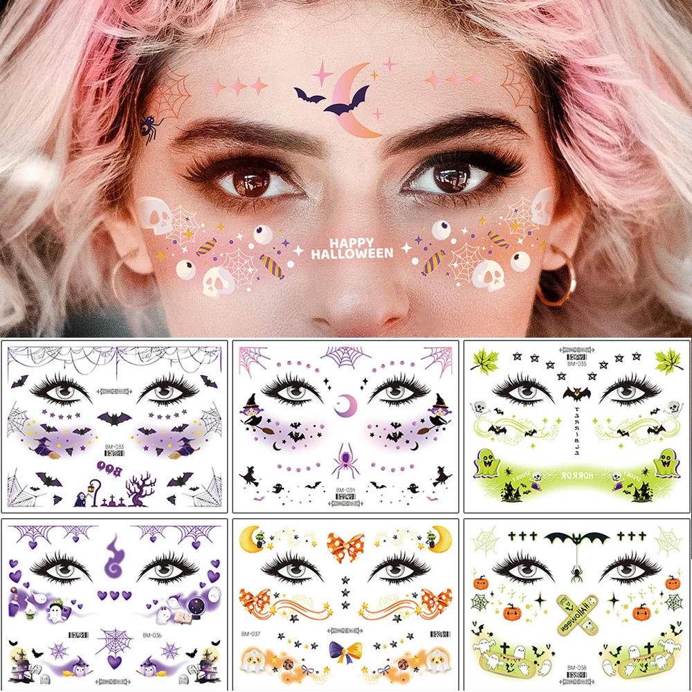 

Наклейки на лицо на Хэллоуин, татуировки на лицо с черепом, временная наклейка на лицо для женщин и мужчин, Прямая поставка