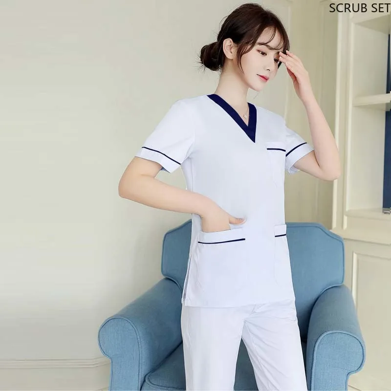 

Women Scrub Set White Nurse Uniform Thin Doctor Workwear Color Blocking Hospital Workwear Short Sleeve Scrub Top Plug Size Pants