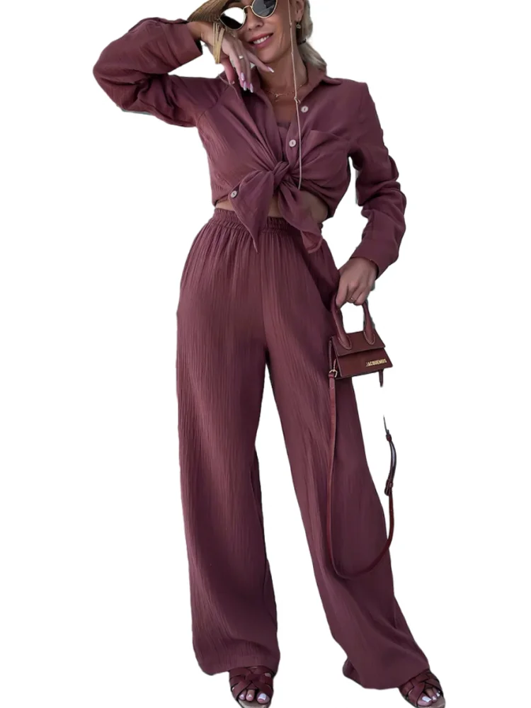 

Женский комплект из 2 предметов, Повседневная рубашка с длинным рукавом и воротником-поло