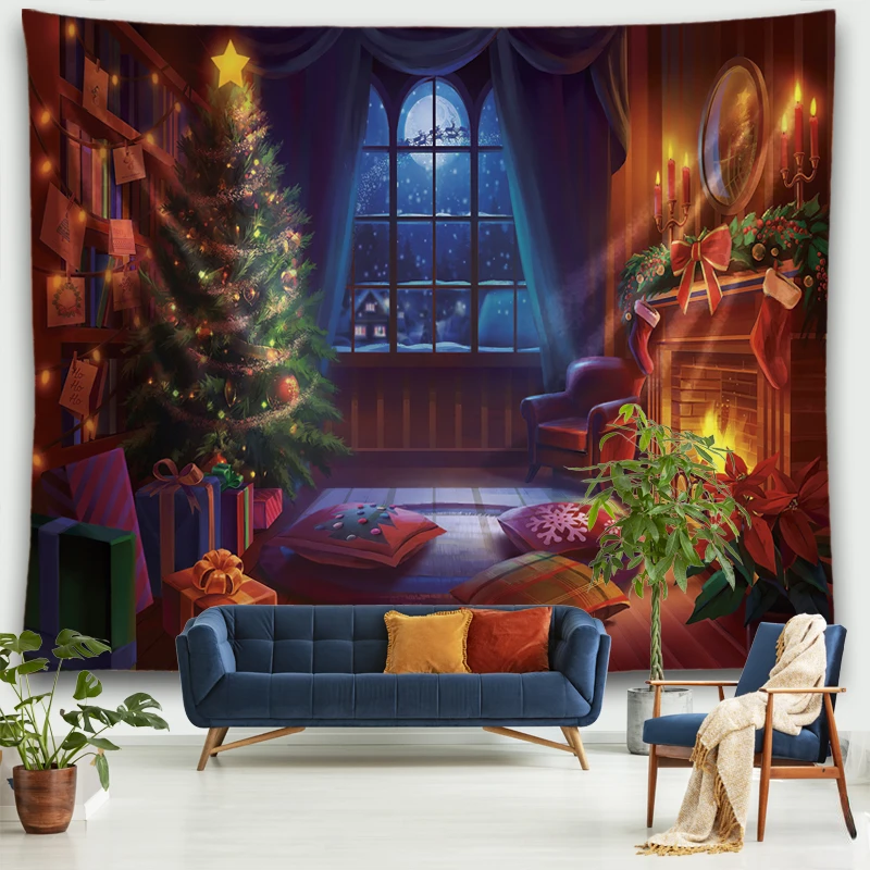 

Christmas Decoration Tapestry 3D Fireplace Christmas Tree Santa Claus Wall Hanging Home Living Room Dorm Bedroom Decor Aesthetic