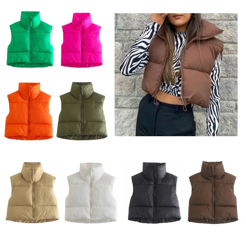 Quilted Padded Gilet Women Sleeveless Zipper Up Loose Cropped Puffer Vest Coat H9ED