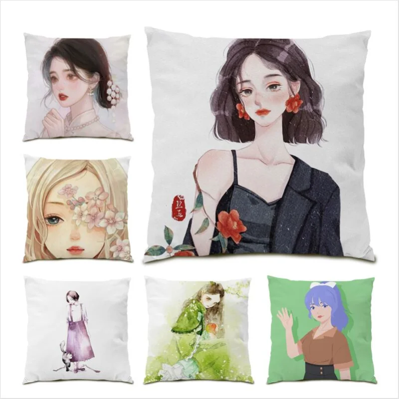 

Cushion Cover 45x45 Home Decor Pillowcase Japanese Living Room Decoration Catron Beautiful Girl Cute Polyester Linen Anime E1497
