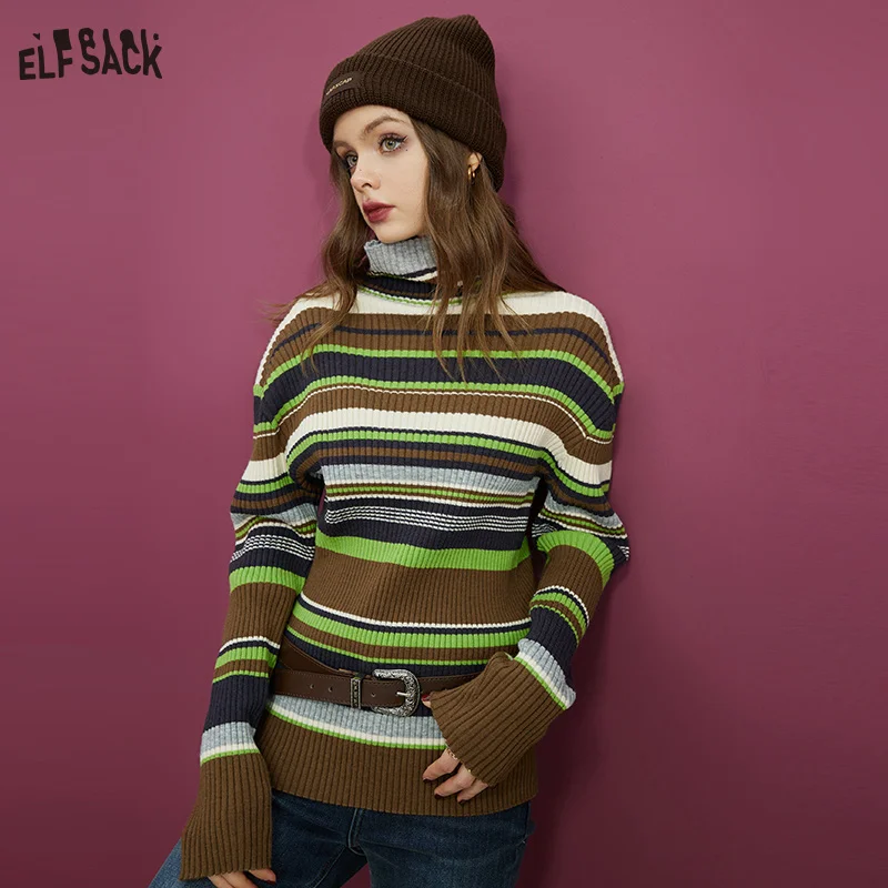 ELFSACK Striped Knitwears Women 2022 Autumn/Winter Long Sleeve Basic Tops