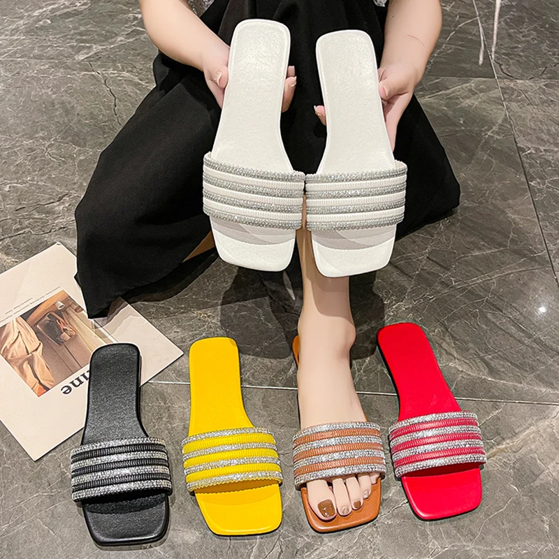 

Сандалии стразы женские, плоская подошва, модные домашние тапочки, открытый каблук, шлепанцы для улицы, пляжа, шлепанцы, сланцы, лето