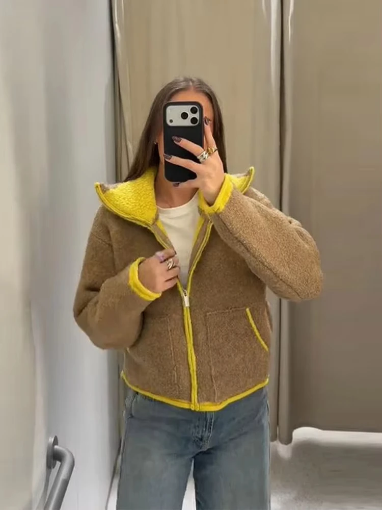 Cardigan tricoté contrasté pour femmes, élégant, manches longues, poches, fermeture éclair, pull Chic, printemps rue, vêtements d'extérieur, 2026