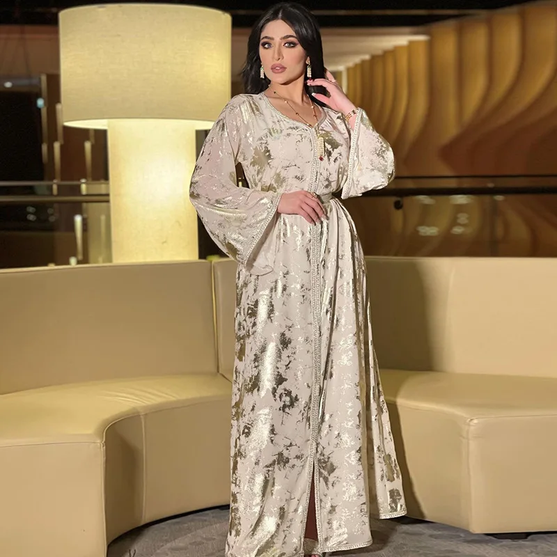 Modest Dress Middle East Spring 2023 New Muslim Hot-stamping Robe Women Two-piece Dress with Belt Long Dresses Prom Dress