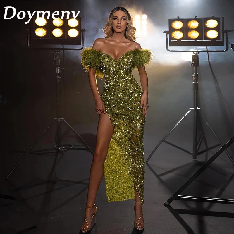 

Doymeny Women’s Prom Dresses Sequined Feathers Off Shoulder Split Mermaid Cocktail Formal Evening Party Gowns galaفساتين السهرة