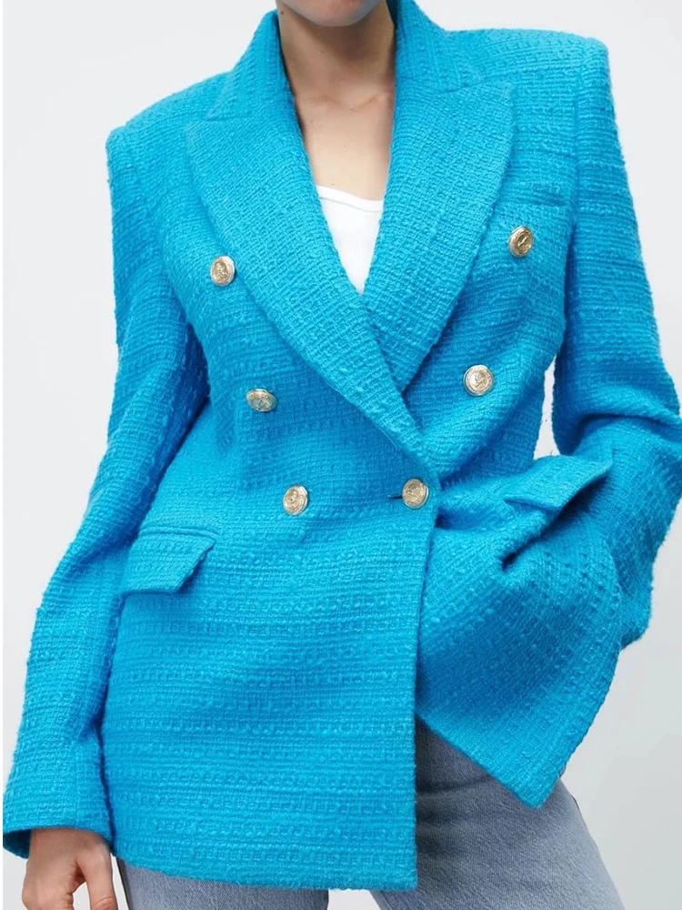 

Spring Autumn Women Solid Blazer Coats 2022 Notched Long Sleeved Jacket Office Outfits Double Breasted Pockets Causal Wear