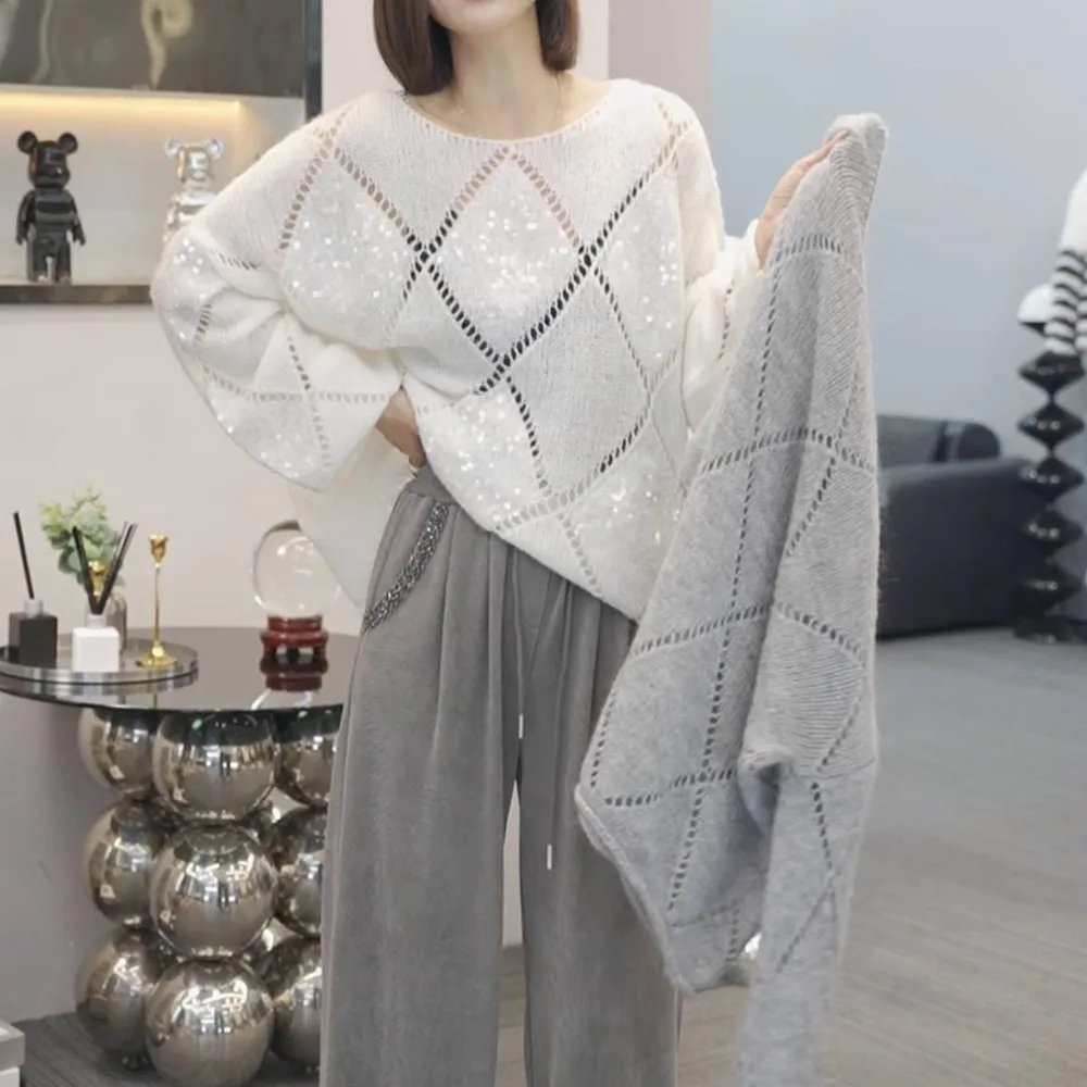 Женский свитер с круглым вырезом повседневный теплый пуловер блестками в