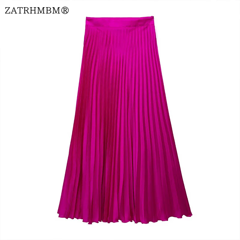 

ZATRHMBM Women 2023 Autumn New Fashion Pleated Midi Skirt Vintage A-Line Side Zipper High-Waisted Female Skirts Mujer