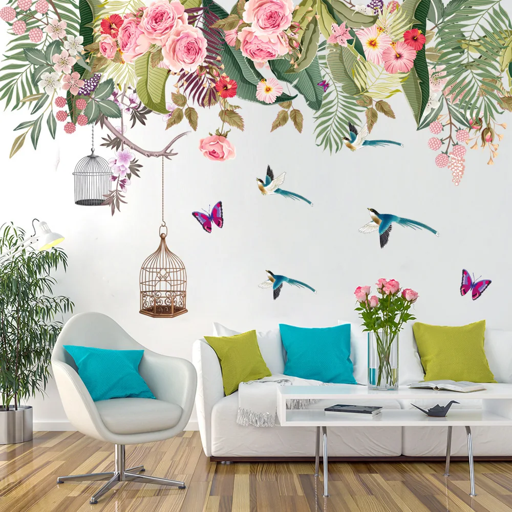 

Стикеры, цветы, птицы, настенные наклейки, обои для гостиной, тропические цветы, настенные Стикеры, зеленые листья, украшение, обои для спаль...