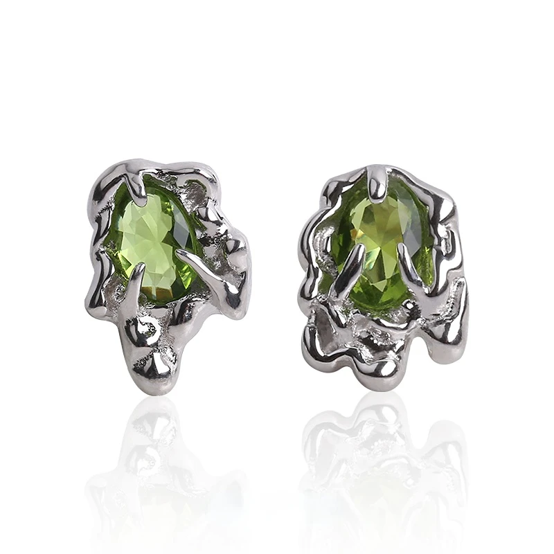 

Olive Zircon Green Liquid Metal Shape Small Ear Studs Men and Women Simple Stud Earrings Sterling Silver