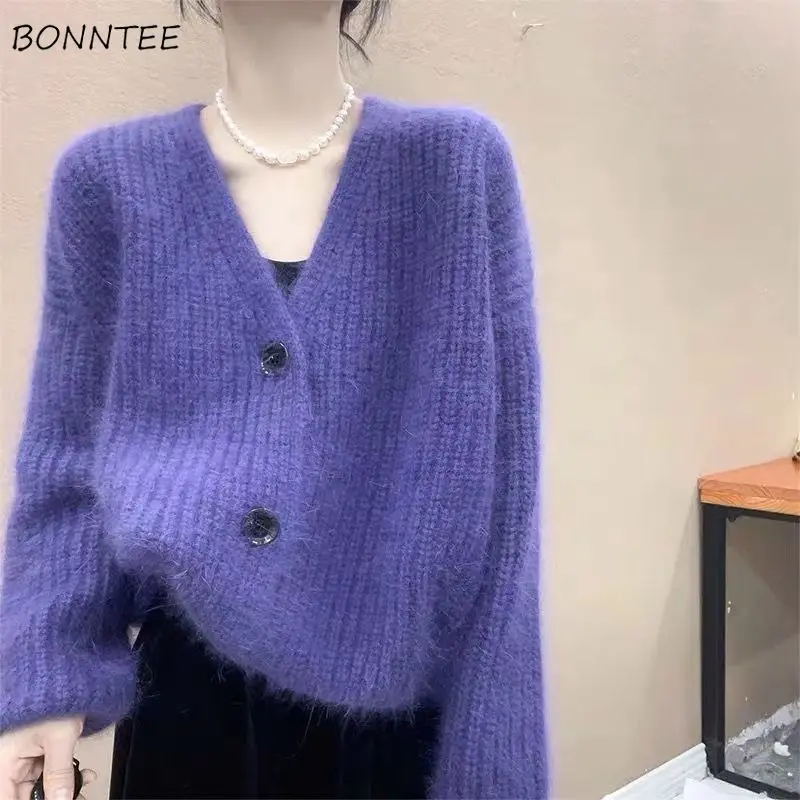 

Women Knitted Cardigan Autumn Trendy All-match Simple Loose-fitting Solid Leisure Soft Single Breasted V-neck Chic Comfortable