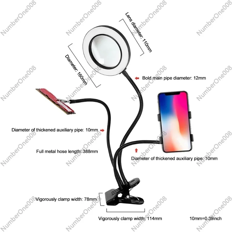 360 ° Гусиная шея 3-цветные режимы лупа панели лампа с оптическими стеклянными