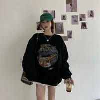 round neck trend loose retro autumn and winter new long sleeved sweater with pull out solid color pattern printing
