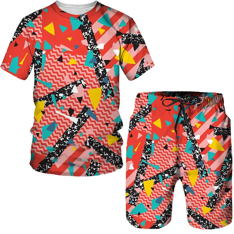 Fun Geometry Pattern Printing Men's T Shirt Loose O-neck Short Sleeve Tops Casual Comfortable Shorts 2 Piece Outfit Men Clothing