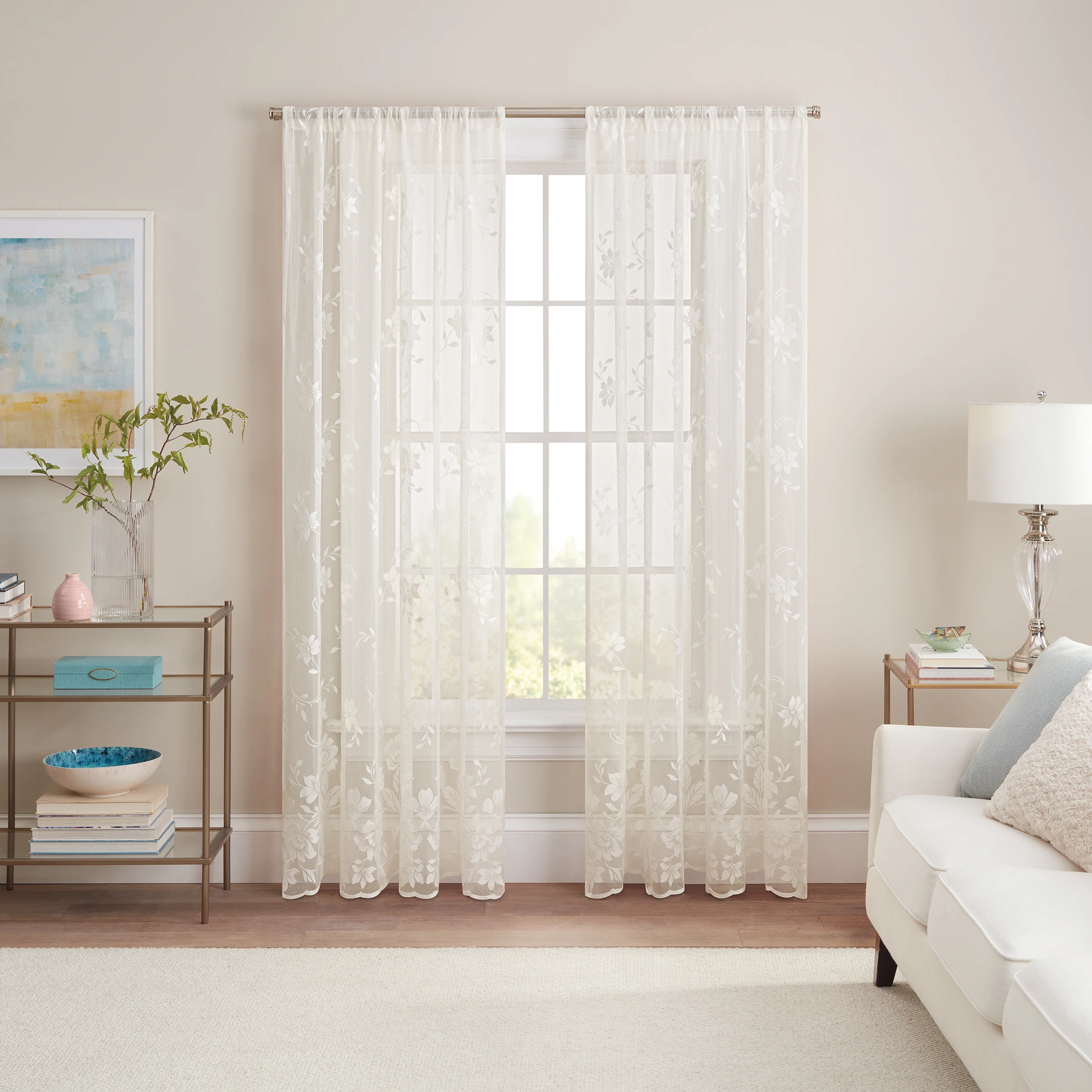 

Sherry Floral Lace Sheer Rod Pocket Curtain Panel, Cream, 54 x 63