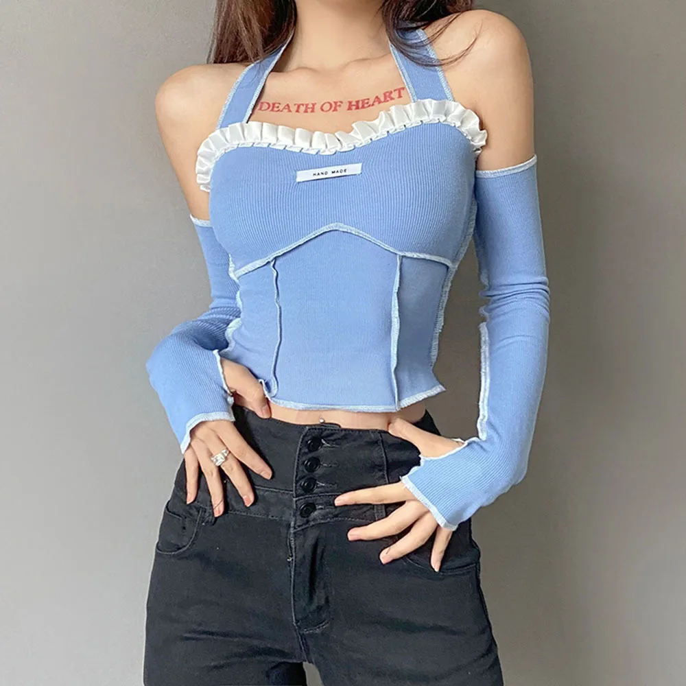 

Женские футболки Y2k с открытыми плечами, милые футболки с воротником хомутом и оборками, женские рубашки 2022, привлекательные корейские милы...