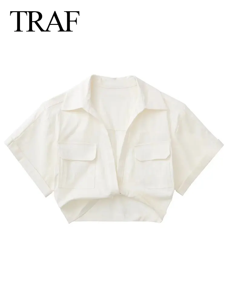 

Рубашка-поло женская однотонная с коротким рукавом и карманами