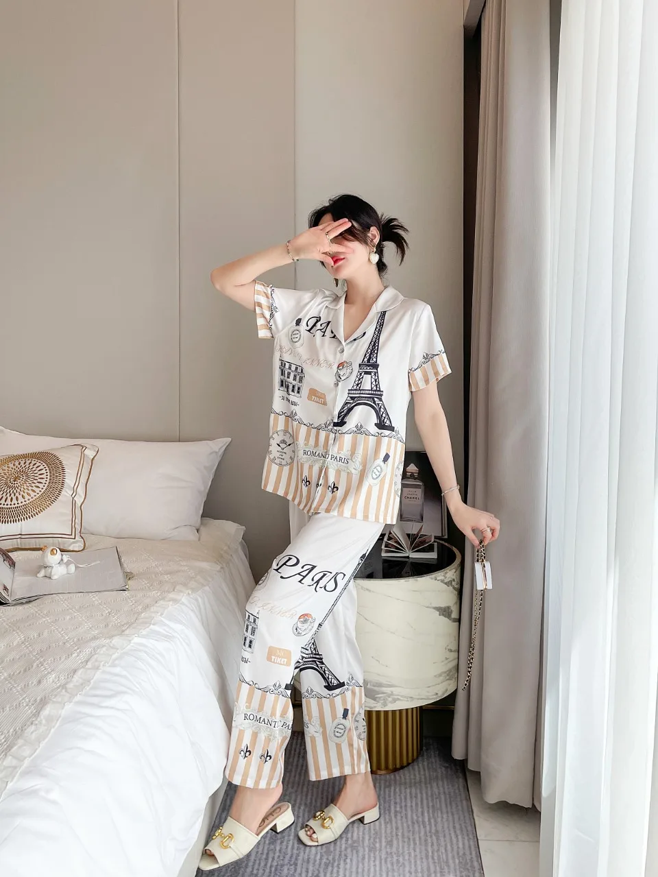[Women's pajamas] [high-quality]Summer New Cartoon Pajamas Women's INS Ice Home Fur Short Sleeve Long Pants Set Net Red Style