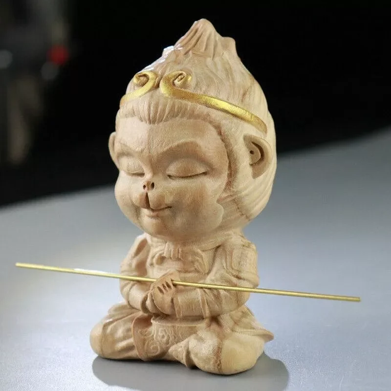 

Wooden Monkey King Creative Cartoon Ornaments Carving Small Woodcarving Crafts Buddha Statue Car Decoration Accessories