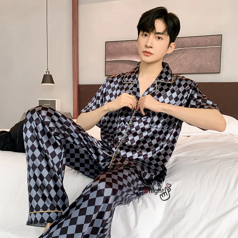 Spring Summer Man Pajama Sets Silk Sleepwear Pajamas for Men Plus Size Home Clothing Pyjamas Suit Home Wear Loungewear Homesuits