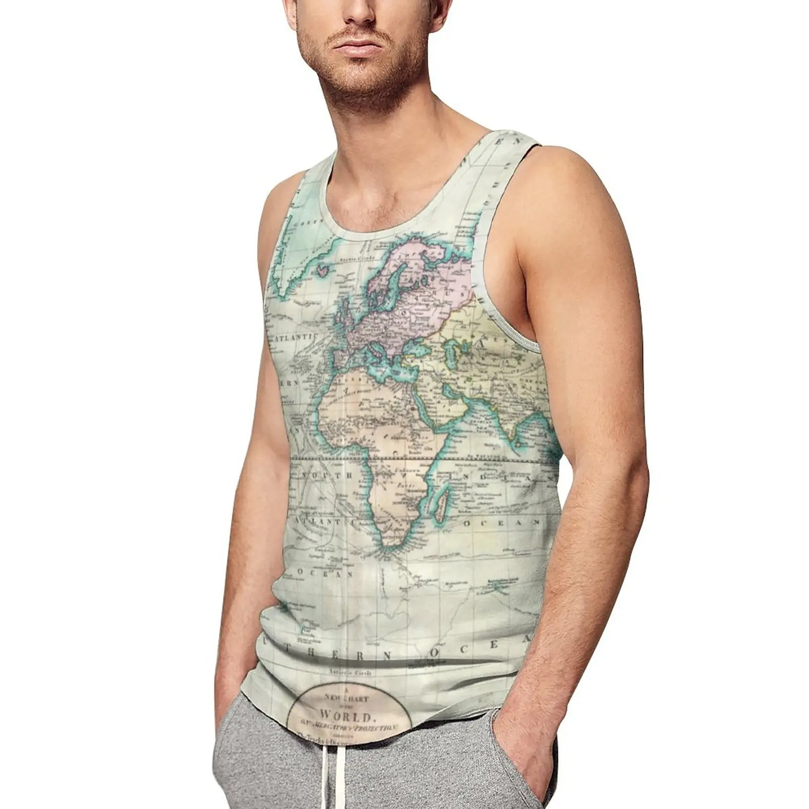 

Vintage Map Tank Top Males The World 1801 Print Workout Oversize Tops Summer Streetwear Printed Sleeveless Shirts