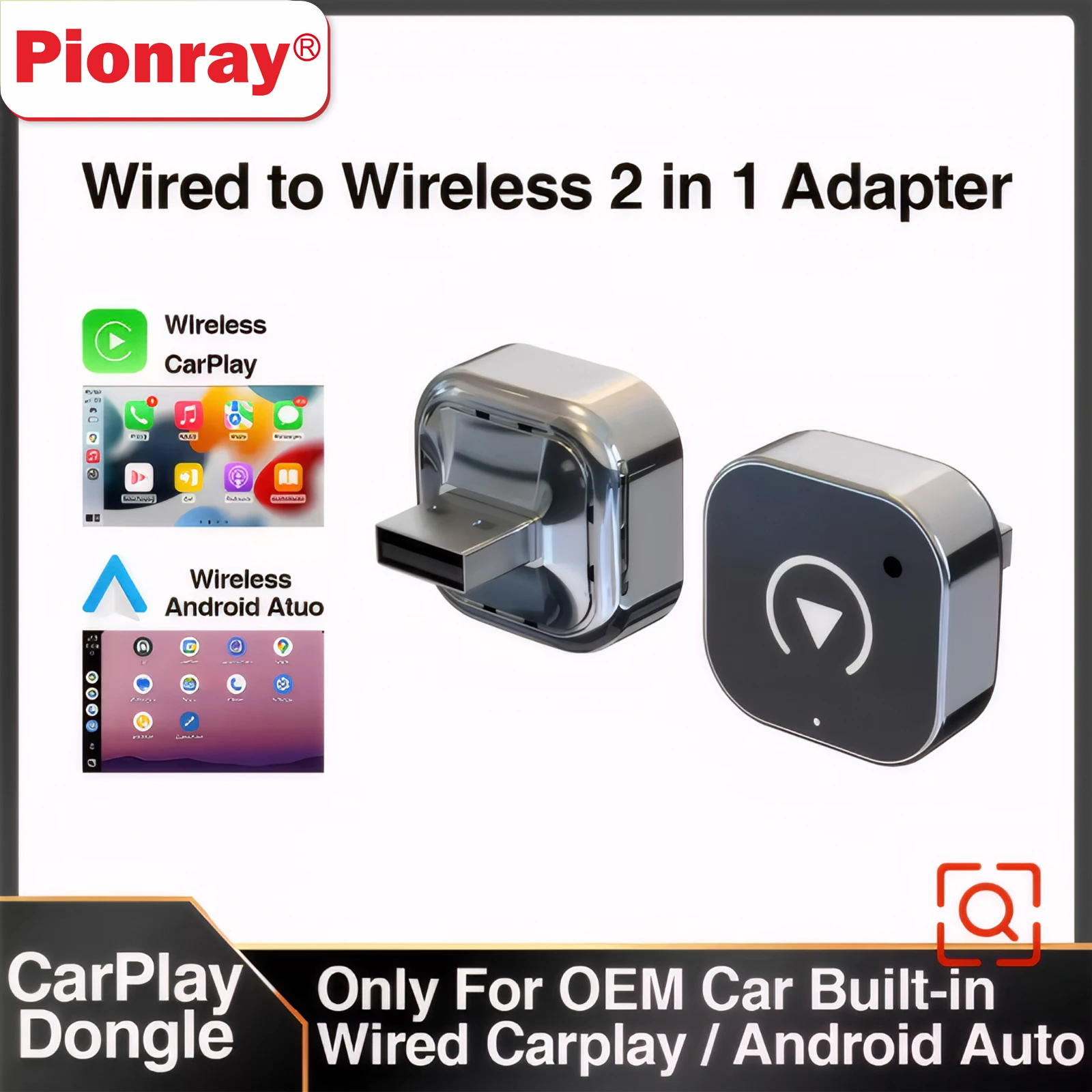 מתאם CarPlay אלחוטי 2in1 Pionray Android Auto AI Smart Box מערכות רכב חכמות עבור VW Toyota Nissan Honda Ford Benz