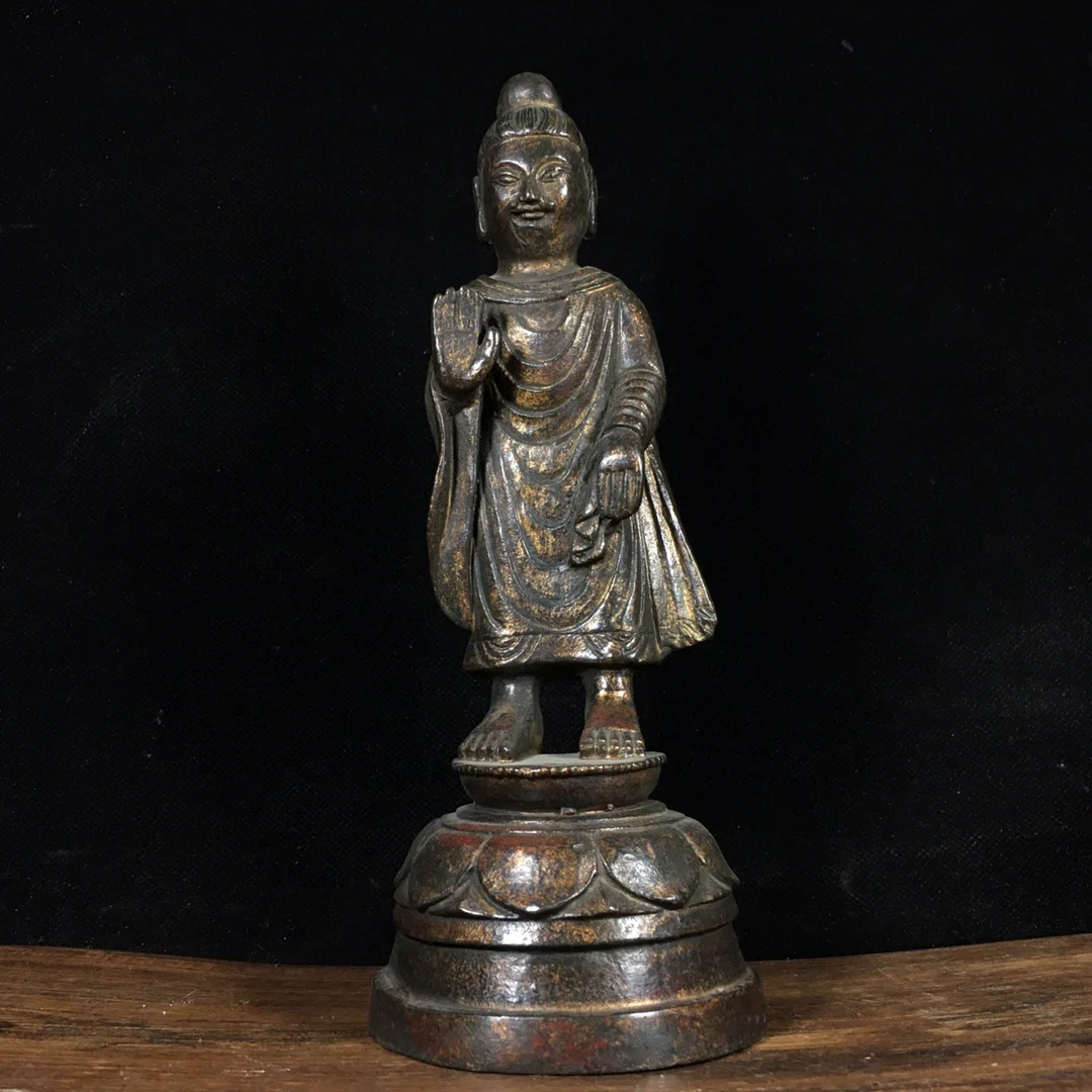 

Коллекция тибетских храмов 9 дюймов, старая бронзовая грязь cinnabar, золото, Северный Вэй, Будда Шакьямуни, стоячий буддийский орнамент, городс...