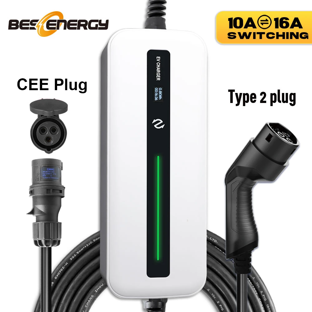 

EV Charger Type 2 CEE Plug 10/16A Switchable Current For IEC 62196 Schuko Plug 6M 20Feet 3.6KW 220V For Tesla Audi Charging Box