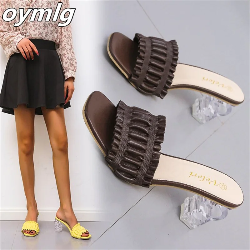 

2022 summer new ruffled crystal heel slippers women's one-line high-heeled large size sandals women