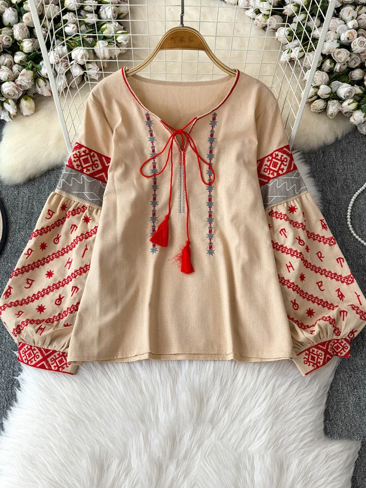 EWQ винтажный стиль дизайн вышивки женская блузка на шнуровке воротник-фонарики