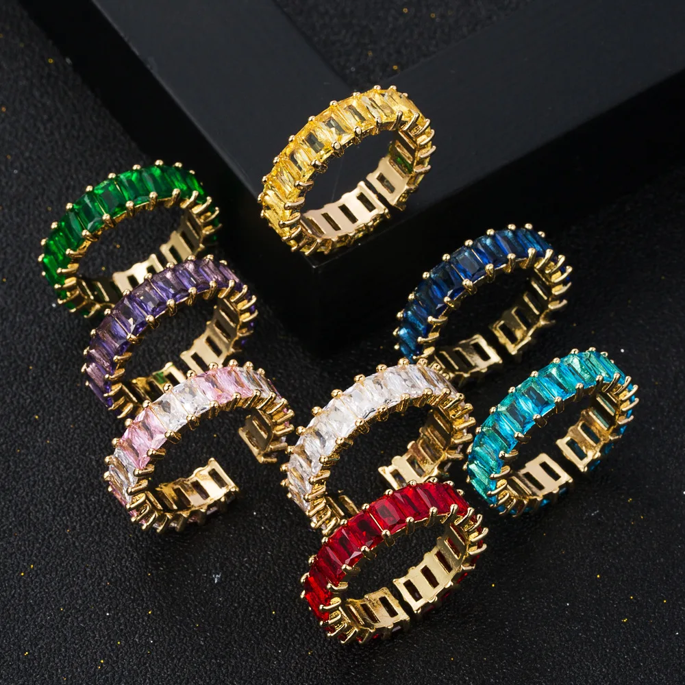 

2022 Ins Western Brass Zircon Open Rings Plain Rainbow Colorful Geometric Rings For Fashion Women