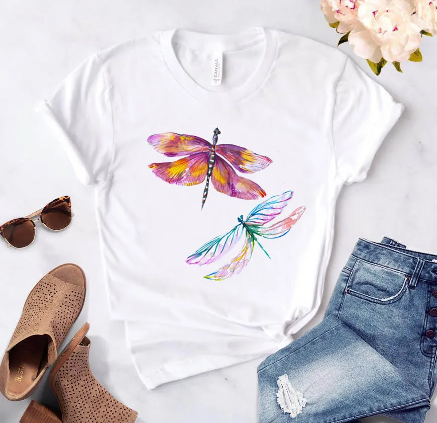 

Футболка женская летняя с коротким рукавом и графическим принтом, модный топ с акварельным рисунком стрекозы, повседневная одежда