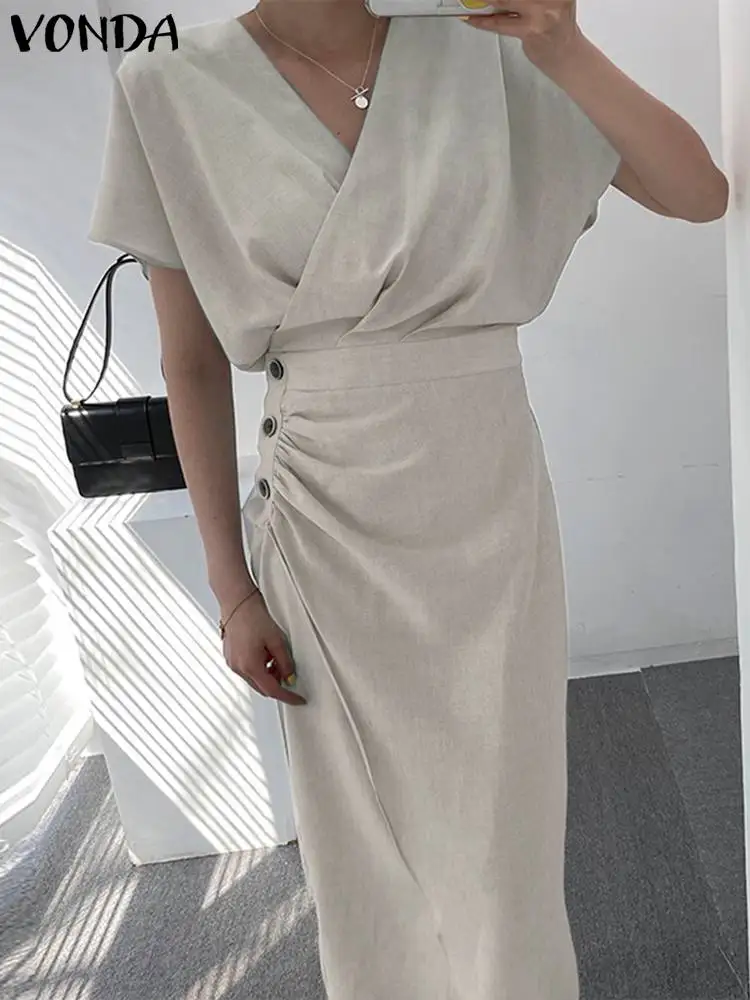 

Women Office Maxi Dress Short Sleeve V Neck ELegant Party Pleated Dress VONDA 2022 Fashion Holiday Tunic Long Vestido Robe Femme