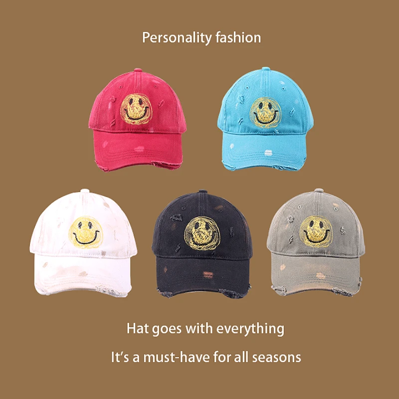 

2023 Korean Smiley Face Baseball Hat Women Spring and Summer Fashion Street Hole Shading Hats Men Adjustable Hip Hop Trucker Cap