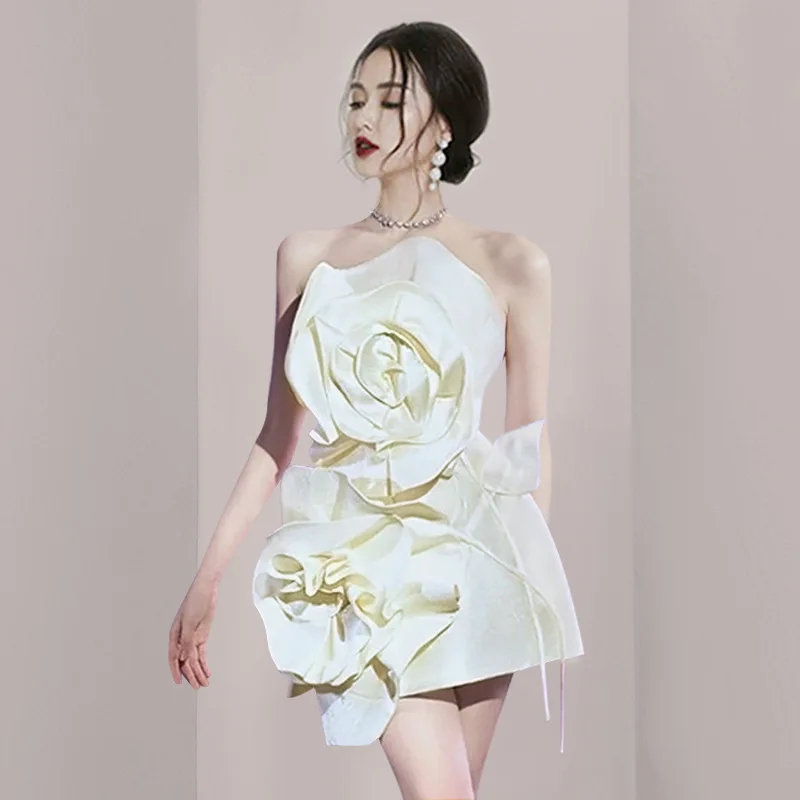 

Summer Dresses Woman 2023 Dress White Flower Design Waist Open Back Straps Elegant Formal Style Banquet Party Sexy for Chic