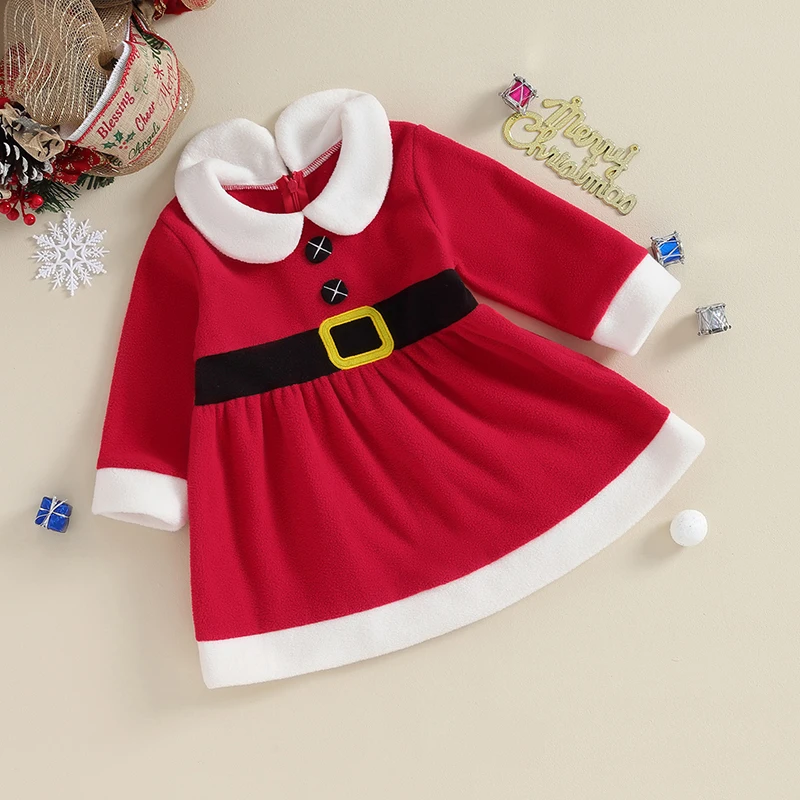 

Toddler Baby Girls Christmas Velvet Dress Long Sleeve Doll Collar Santa Baby Dress Cosplay Costume
