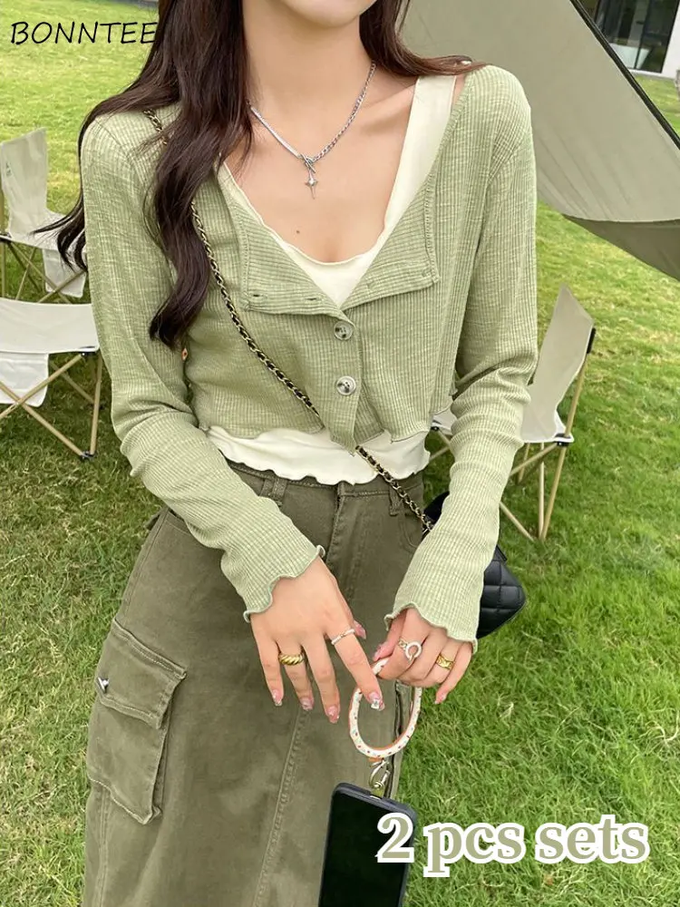 

Women Autumn New Sets Fashion Simple Sexy Crop Tops Long Sleeve T-shirts Pure Camisole 2 Pieces Young Hotsweet Ins College Girls