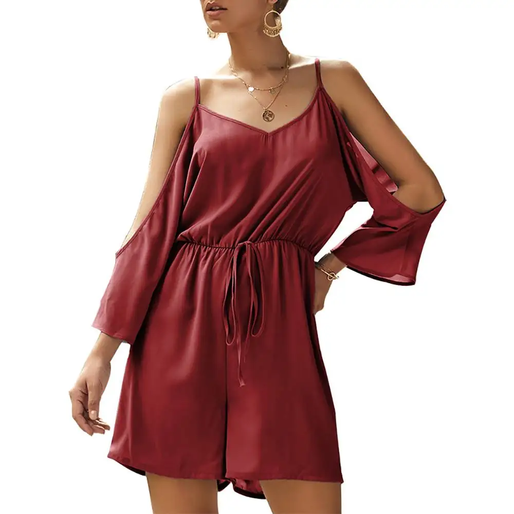 

Женский короткий комбинезон без рукавов, повседневный Свободный комбинезон на шнуровке с V-образным вырезом и открытыми плечами, комбинезо...