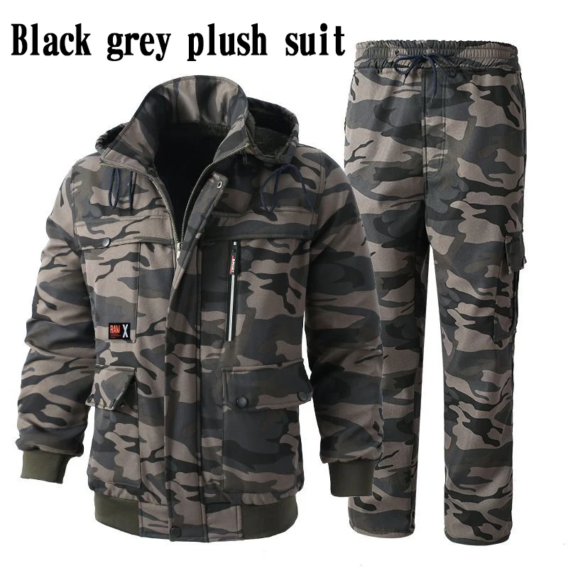 Men's Suit Thickened Velvet Warm Cashmere Camouflage Construction Machinery Labor Protection Cloth Windproof Hooded Work Clothes