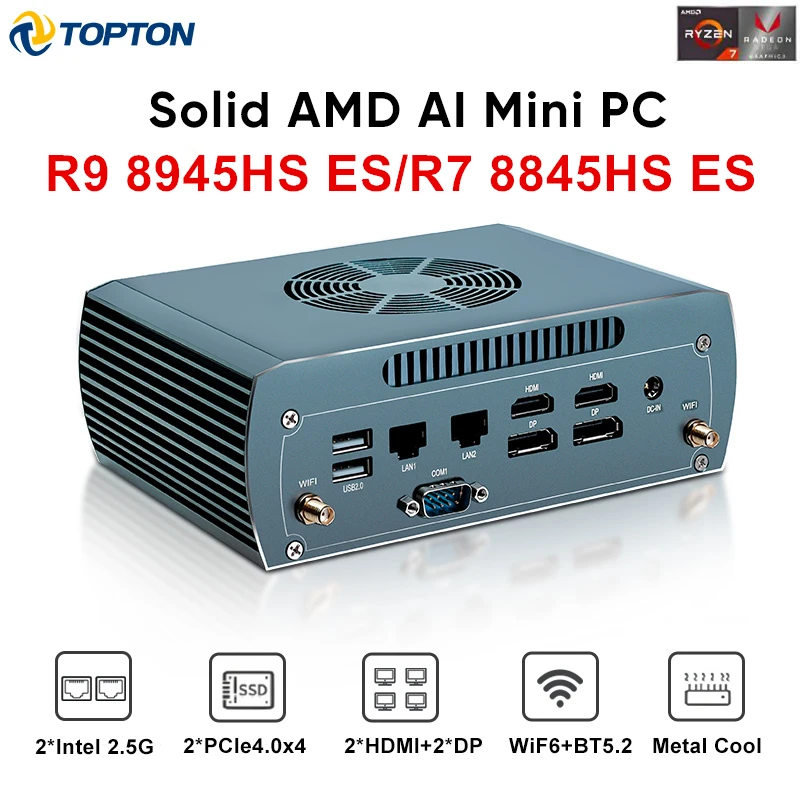 Фото Мини-ПК Topton FU03 на базе AMD Ryzen 9 8945HS ES / 7 8845HS ES, 2x2.5G LAN, 2xDDR5, 2xNVMe, Barebone, для файрвола, игровой компьютер, 4x8K, WiFi6 №1