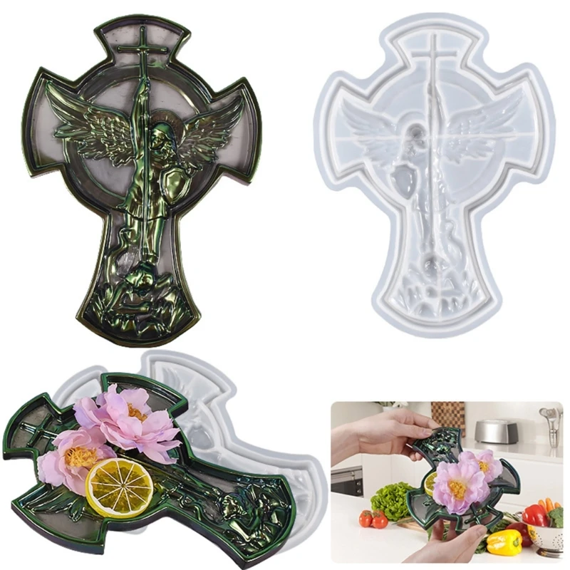 

3D Archangel St.Michael Plaster Ornaments Mold Jewelry Storage Organizer Dish Resin Mold Cross-Tray Silicone Mold T8DE