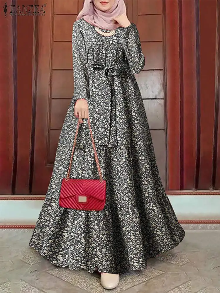 

ZANZEA Abaya Kaftan Floral Print O-Neck Long Sleeve Dresses Summer Women Elegant Muslim Dress Bohemian Holiday Casual Robe
