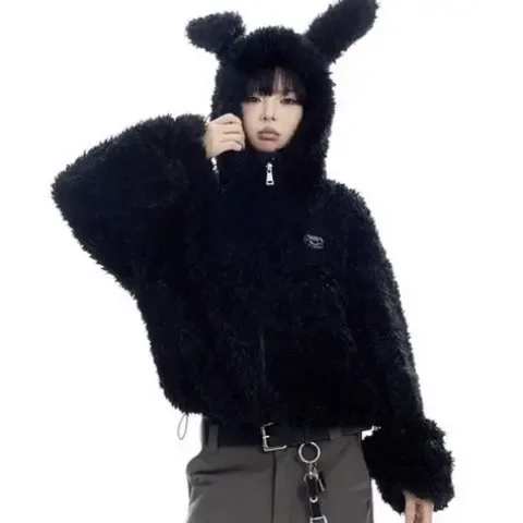Милая толстовка на молнии с имитацией кролика, корейские модные пальто с капюшоном с кроличьими ушками, женские короткие куртки оверсайз из овечьей шерсти