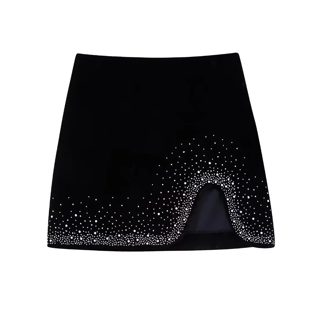 

Momoluna Velvet Solid Sequined Slit High Waist Mini A-line Skirt S M L