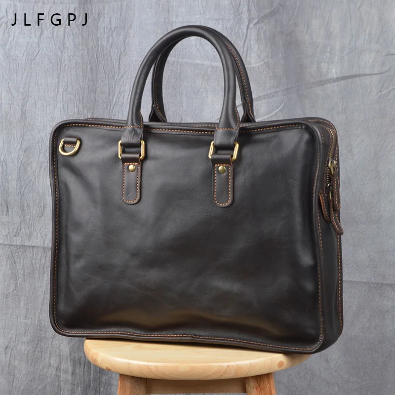 New Vintage Geuine Leather Horizontal Handbag Men's First Layer Cowhide Large Capacity Business Fashion Cross Body Briefcase